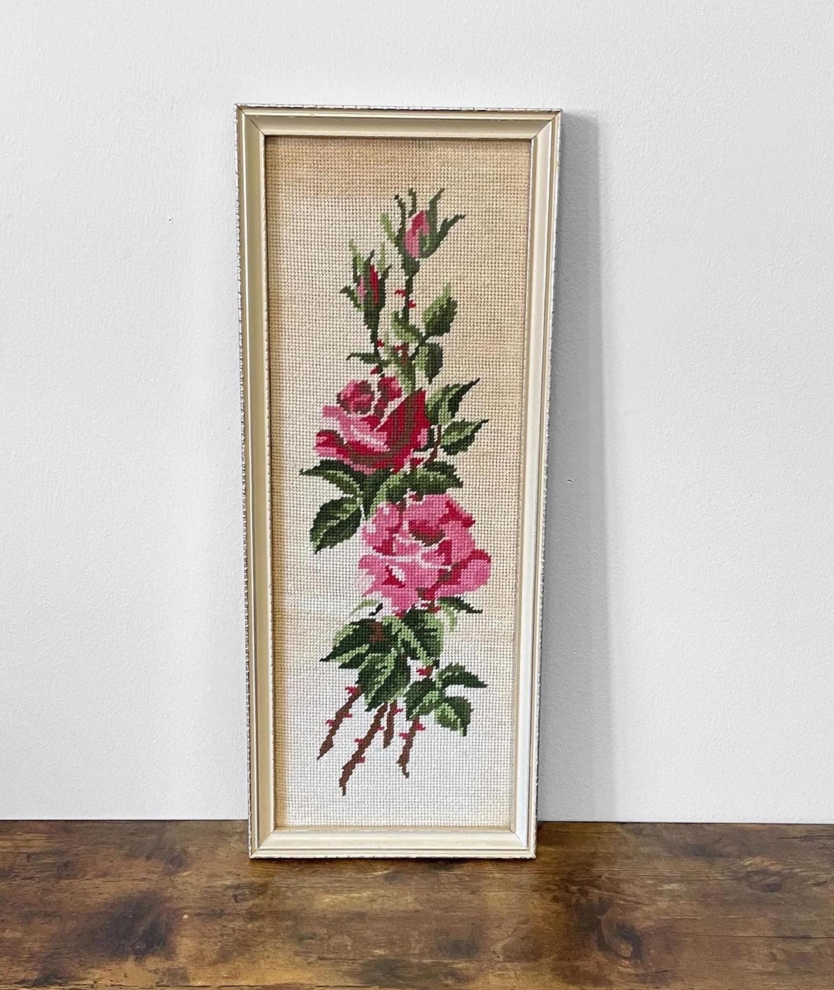 20"h Vintage Framed Floral Needlepoint Wall Hanging, Wood Frame & Glass ...