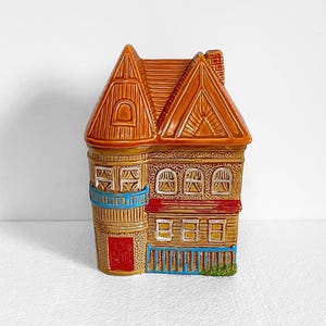 1970s Vintage Cookie Jar Ceramic Mid century Decor Victorian House Canister, MCM Kitchen Decor Collectible, Made in Japan,