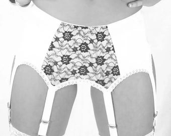 Nancies Intimates 'Jodie' Black Lace & White Lycra Garter Belt with 6 Suspenders for Stockings