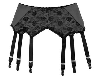 Nancies Intimates ' Penelope ' Pull On Red Lycra Garter Belt with Floral Black Lace & 6 Suspenders for Stockings