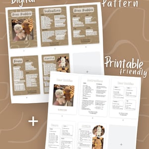 Op de afbeelding: Een digitaal haakpatroondocument getiteld Bear Buddies, met stapsgewijze instructies, materiaallijsten en foto's van twee kleine knuffelberen. De printbare lay-out bevat secties voor de constructie van armen, benen, oren, hoofd en lichaam.