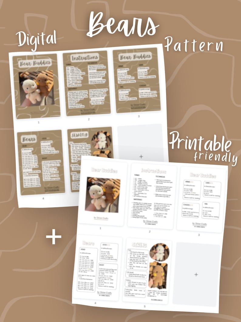 Op de afbeelding: Een digitaal haakpatroondocument getiteld Bear Buddies, met stapsgewijze instructies, materiaallijsten en foto's van twee kleine knuffelberen. De printbare lay-out bevat secties voor de constructie van armen, benen, oren, hoofd en lichaam.