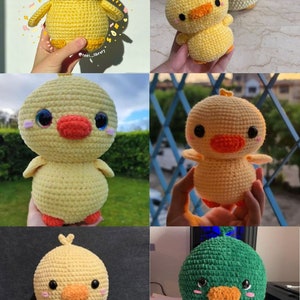 May include: A collection of six handmade crochet plush toys shaped like ducks. The ducks feature round bodies, small wings, orange beaks, and black eyes with pink blush accents. Five are yellow, and one is green, brown, and white with an orange beak.