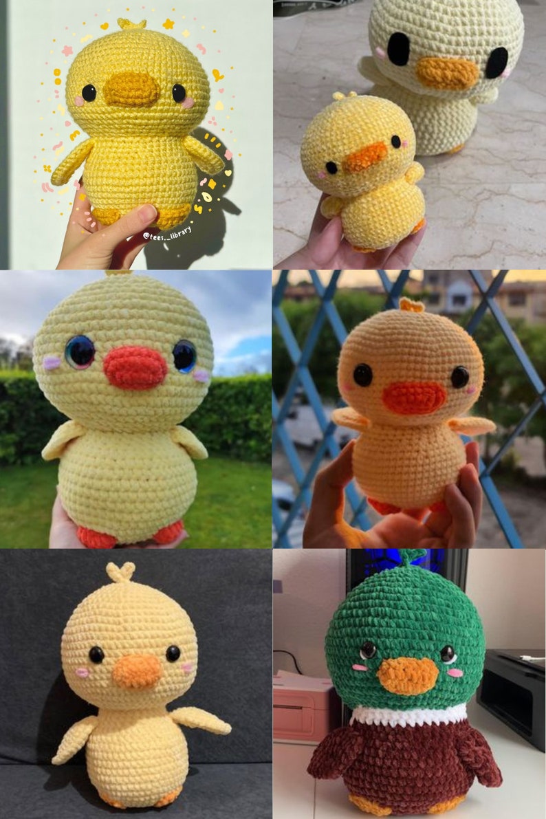 May include: A collection of six handmade crochet plush toys shaped like ducks. The ducks feature round bodies, small wings, orange beaks, and black eyes with pink blush accents. Five are yellow, and one is green, brown, and white with an orange beak.