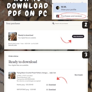 May include: A three-step instructional guide titled HOW TO DOWNLOAD PDF ON PC. Step 1 shows a profile menu with Purchases and reviews circled. Step 2 displays a Your purchases screen with a View downloads button. Step 3 shows file download links.