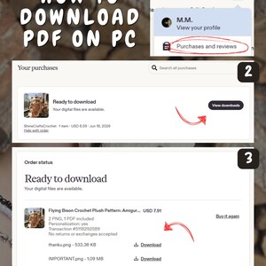 Op de afbeelding: Een instructiegids in drie stappen getiteld HOW TO DOWNLOAD PDF ON PC. Stap 1 toont een profielmenu met Purchases and reviews omcirkeld. Stap 2 toont een Your purchases-scherm met een View downloads-knop. Stap 3 toont de verschillende downloadlinks.