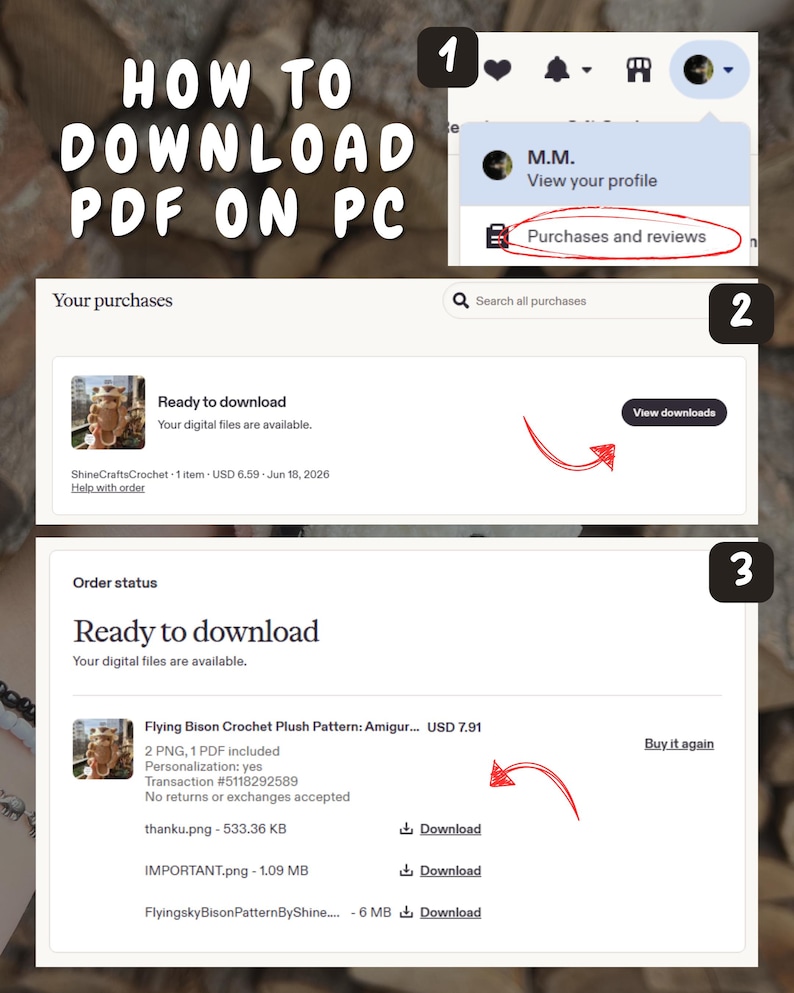 Op de afbeelding: Een instructiegids in drie stappen getiteld HOW TO DOWNLOAD PDF ON PC. Stap 1 toont een profielmenu met Purchases and reviews omcirkeld. Stap 2 toont een Your purchases-scherm met een View downloads-knop. Stap 3 toont de verschillende downloadlinks.