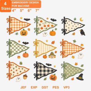 Può includere: Un set di ricami digitali con nove gagliardetti a tema Halloween, tra cui zucche, fantasmi, pipistrelli e foglie autunnali. Il testo include 4 Sizes, 4", 5", 6", 7", JEF, EXP, DST, PES e VP3. I gagliardetti presentano vari motivi.
