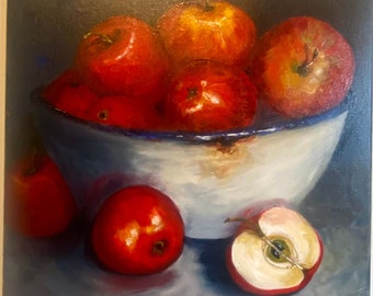 Still life painting of a bowl of apples. Original oil on canvas Signed lower left.