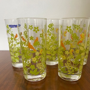 Französische Likör- / Wassergläser mit grünem Laub und orangefarbenen Vögeln und Schmetterlingen. 4er Set hergestellt in Frankreich von Luminarc c1970