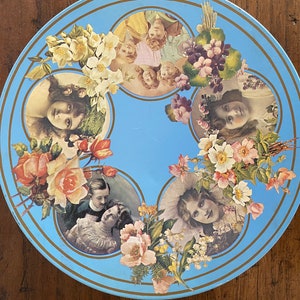 Vintage round biscuit tin with printed decoupage-style Victorian portraits. Huntley Boorne & Stevens tin Memories made in England image 1