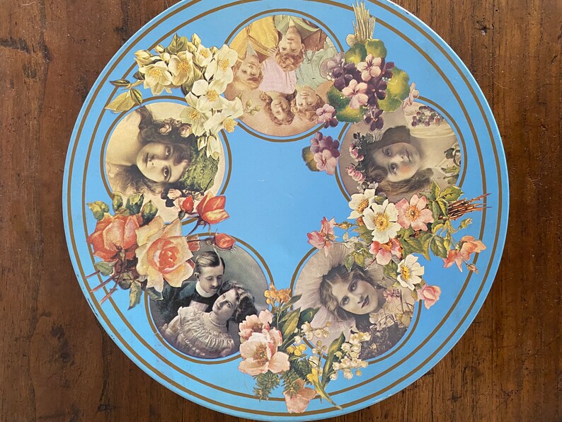 Vintage round biscuit tin with printed decoupage-style Victorian portraits. Huntley Boorne & Stevens tin Memories made in England image 1