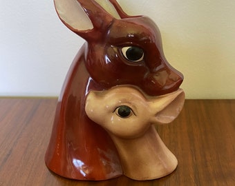 Ceramic hand painted vase/planter of a doe and fawn circa 1960.