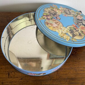 Vintage round biscuit tin with printed decoupage-style Victorian portraits. Huntley Boorne & Stevens tin Memories made in England image 4