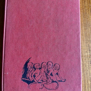 Può includere: Libro rilegato in rosso con un'illustrazione in bianco e nero di un gruppo di scimmie sulla copertina.