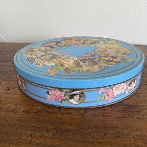 Vintage round biscuit tin with printed decoupage-style Victorian portraits. Huntley Boorne & Stevens tin Memories made in England image 2