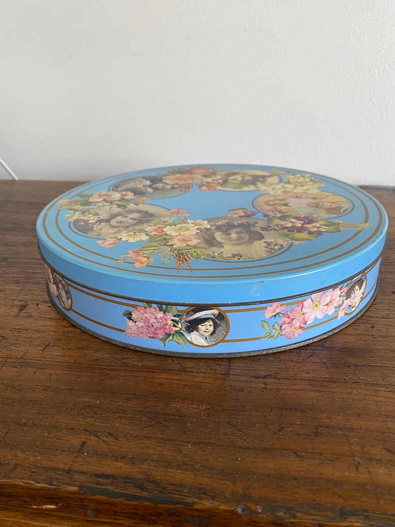 Vintage round biscuit tin with printed decoupage-style Victorian portraits. Huntley Boorne & Stevens tin Memories made in England image 2