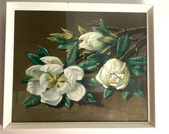 Vladimir Tretchikoff ‘Magnolias’ original lithographic reproduction in original white frame with glass from 1955.