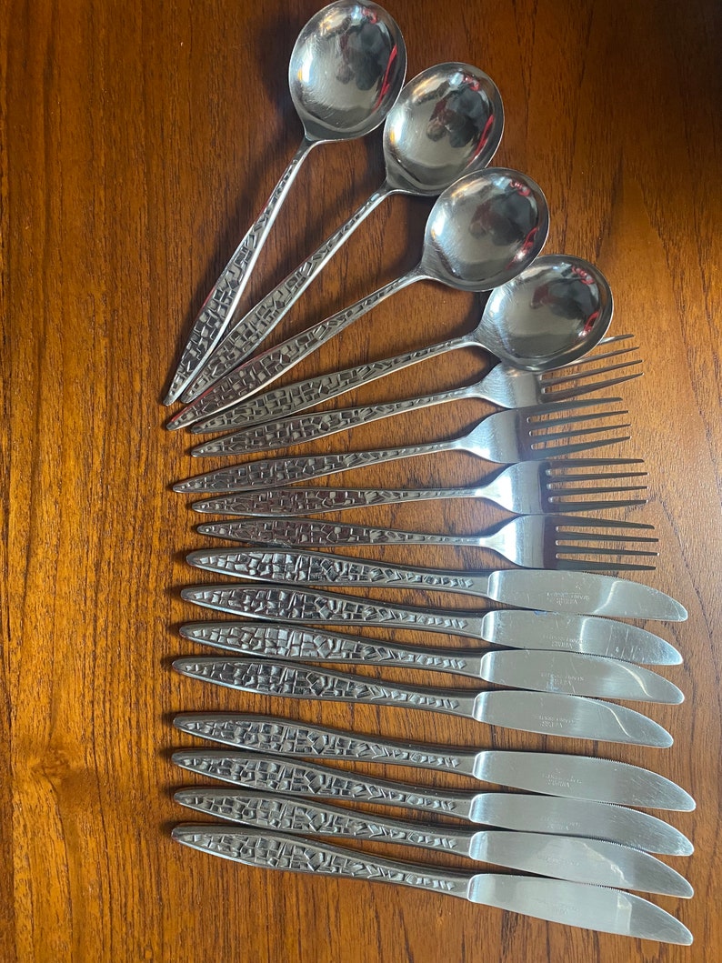 Mid Century, Brutalist Mosaic Pattern Stainless Steel Cutlery/flatware From Viners Foreign, Hong