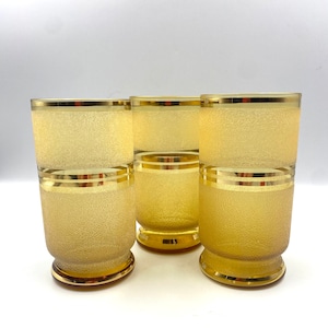 Frosted honey amber cordial/juice glasses with hand painted gold trim x 3. Made in Czechoslovakia.