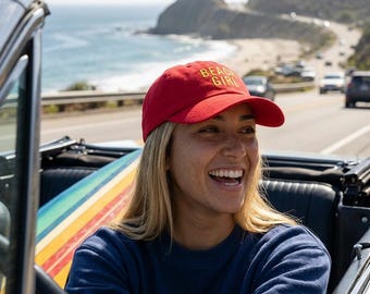 BEACH GIRL Classic Cap | Embroidered Glitter Text, White Baseball Hat