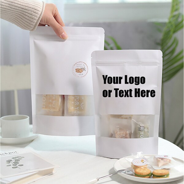 50 Custom Kraft Bags with Logo, Personalized Resealable Stand Up Pouches with Window, Multiple Usage