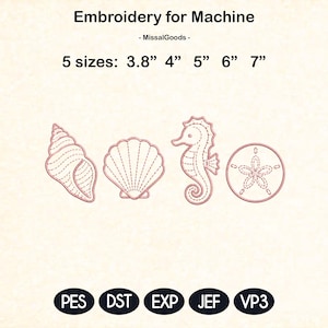 May include: Machine embroidery designs featuring a seashell, scallop shell, seahorse, and sand dollar. The designs are in pink and are available in five sizes: 3.8", 4", 5", 6", and 7". The image also displays the file types: PES, DST, EXP, JEF, and VP3.