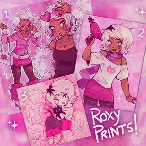 May include: A collection of pink Roxy Prints! art prints featuring anime-style illustrations of a character in various outfits and poses. The prints are numbered and include the text "Roxy Prints!" in a stylized font.