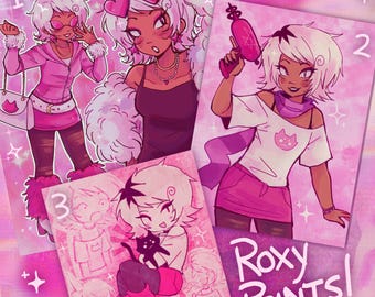 May include: A collection of pink Roxy Prints! art prints featuring anime-style illustrations of a character in various outfits and poses. The prints are numbered and include the text "Roxy Prints!" in a stylized font.