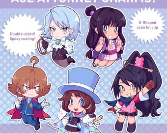 May include: Collection of Ace Attorney charms featuring various characters. Each charm is a cartoon-style illustration with a U-shaped colorful clip. The charms are double-sided with an epoxy coating. The text "ACE ATTORNEY CHARMS!" is at the top.