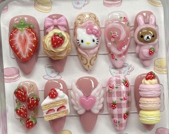Kawaii Erdbeere Presse auf den Nägeln Rosa Dessert Nägel Süße Kitty Nägel 3D Nägel Macaron Kuchen Nägel Handgemachter Kleber auf den Nägeln