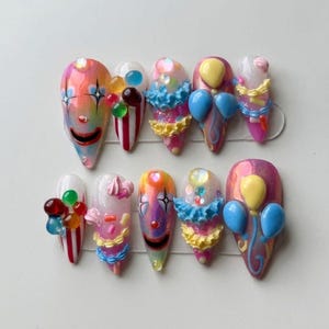 Handmade Clowncore Carnival Press On Nails | 3D Balloons, Ruffles & Clown Face Art, Vibrant Stiletto Nails for Quirky Circus Style
