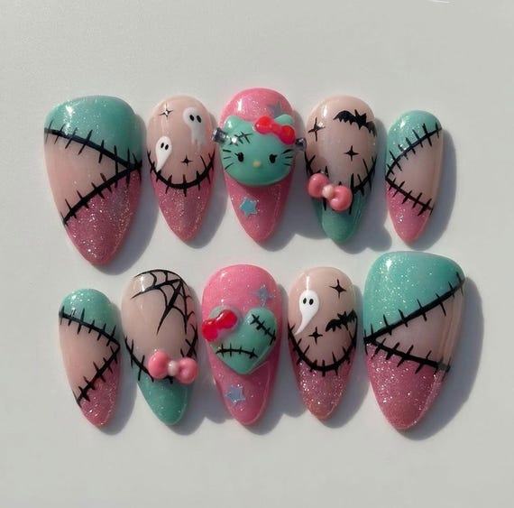 Handmade Pastel Goth Halloween Press On Nails | 3D Frankenstein Kitty, Stitches & Ghost Art, Pink - Mint Almond Nails for Creepy Cute Style