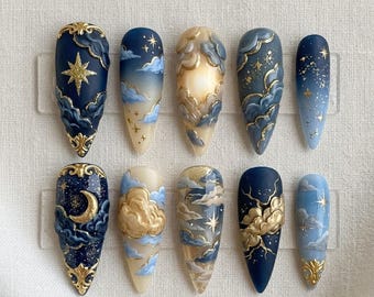 Handgemachte himmlische Wolke Drücken Sie auf die Nägel | Luxus Barock Stiletto Nägel | 3D Stern Mond Filigrane Art Nagel Set | Midnight Blue Goldnägel