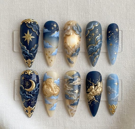 Handmade Celestial Cloud Press On Nails | Luxury Baroque Stiletto Nails | 3D Star Moon Filigree Art Nail Set | Midnight Blue Gold Nails
