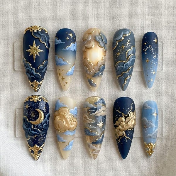 Handmade Celestial Cloud Press On Nails | Luxury Baroque Stiletto Nails | 3D Star Moon Filigree Art Nail Set | Midnight Blue Gold Nails