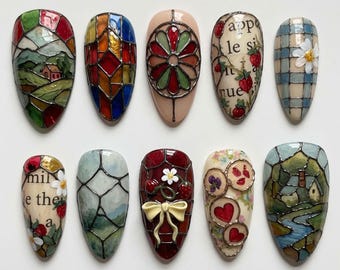 Cottagecore Nails Stained Glass Press On Nails Cute 3D Strawberry Nails Kawaii Countryside Nails Summer Garden Fake Nails Vintage Gift Nails