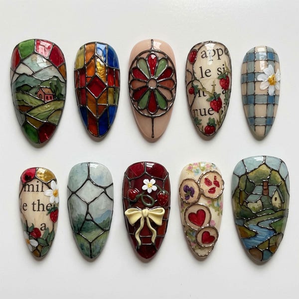 Cottagecore Nails Stained Glass Press On Nails Cute 3D Strawberry Nails Kawaii Countryside Nails Summer Garden Fake Nails Vintage Gift Nails