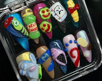 Cartoon Press On Nails Bunte Nägel Lustige Nägel 3D Nägel Handgemachte Nägel Kawaii Nägel Charakter Nägel