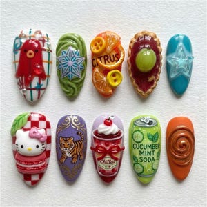 Cute Food Cartoon Nail Art | 3D Hello Kitty Tiger Soda Pie Star Press On Nails | Kawaii Fun Fake Nails Set
