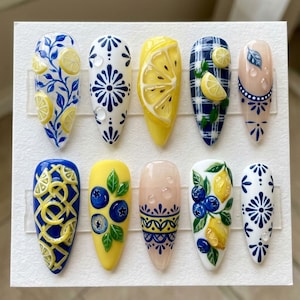 Mediterranean Lemon Blueberry Press On Nails with Blue White Tile Floral Citrus Summer Aesthetic Nails Handmade Glue On Nails