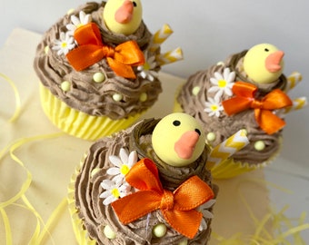Easter faux cupcake, fake bake, Easter decor, tiered tray decor, Easter chicken, Easter decorations, photo prop, fake food, handmade