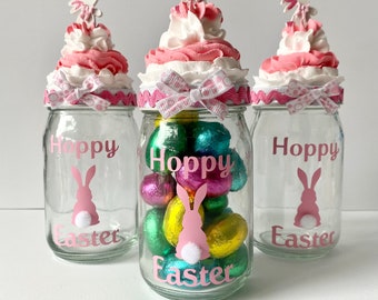Easter jar, Easter display, Easter Bunny, pink white Easter, Easter decor, Easter decorations, tiered tray decor, Easter fake bakes