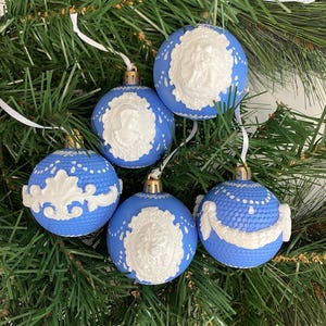 Wedgwood inspired ornaments, blue white ornaments, baroque, rococo, handmade, Hamptons Christmas, handpainted