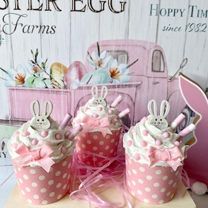 Easter faux cupcake, fake bake, Easter decor, tiered tray decor, Easter bunny, pink white Easter, photo prop, fake food, handmade