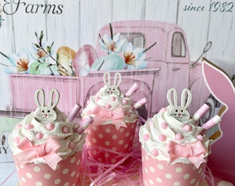 Easter faux cupcake, fake bake, Easter decor, tiered tray decor, Easter bunny, pink white Easter, photo prop, fake food, handmade