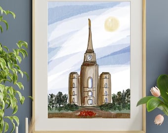 Aquarelle du temple SDJ | Oeuvre d'art pour mariage au temple de Brigham City, Utah | Décoration d'intérieur religieuse | Décoration de culte sacré | Cadeau | Aquarelle