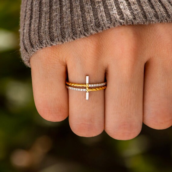 Two tone Sideways Cross Ring sterling Silver Ring fashion Jewelry