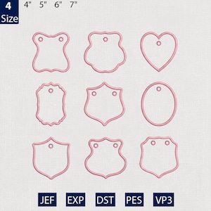 May include: Nine pink embroidery designs in various shapes, including tags, shields, and a heart. The designs are outlined and have a small hole at the top for hanging. The image also includes the text "4 Size" and the sizes 4", 5", 6", and 7".