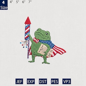 Könnte beinhalten: Ein gestickter Aufnäher mit einer grünen Froschfigur, die einen patriotischen Umhang und eine Fliege trägt, eine Feuerwerksrakete und ein Dokument mit der Aufschrift "We the People" hält. Das Design verwendet Rot, Weiß und Blau, mit Größen von 10,16 bis 17,78 cm.